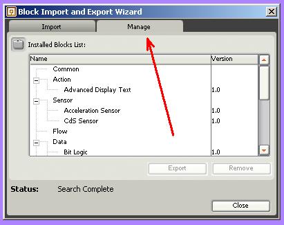 Menu configurar descargar bloque LEGO Mindstorm NXT